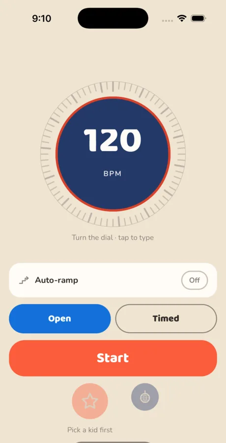 Mess-tronome main screen with the tempo dial at 120 BPM
